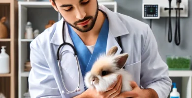 A caring veterinarian examining a fluffy rabbit in a modern veterinary clinic in San Diego. The veterinarian, wearing a white coat, is gently holding