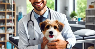 A caring veterinarian examining a small dog in a modern veterinary clinic in Fort Worth. The veterinarian wears a white coat and has a gentle smile, c