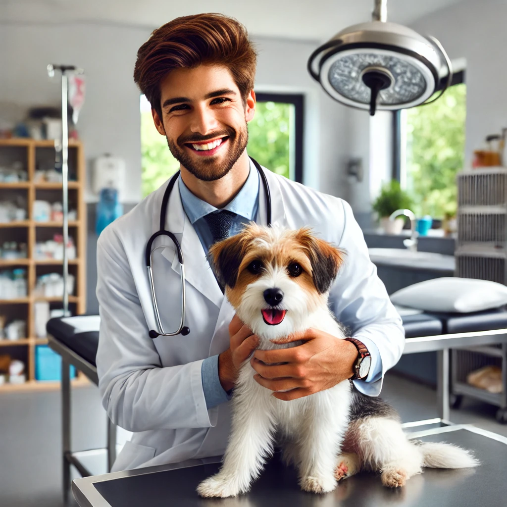 A caring veterinarian examining a small dog in a modern veterinary clinic in Fort Worth. The veterinarian wears a white coat and has a gentle smile, c
