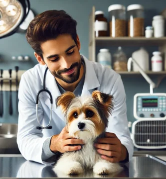 A compassionate veterinarian examining a small dog in a modern veterinary clinic in El Paso. The veterinarian wears a white coat and has a gentle smil