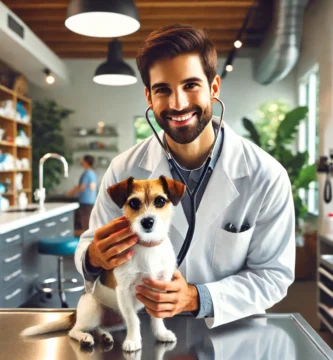 A friendly veterinarian examining a small dog in a modern veterinary clinic in Austin. The veterinarian wears a white coat and has a stethoscope aroun