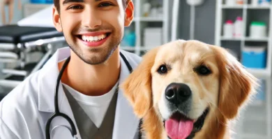 A friendly veterinarian in a modern Chicago veterinary clinic, smiling while examining a healthy, happy golden retriever. The background shows a clean