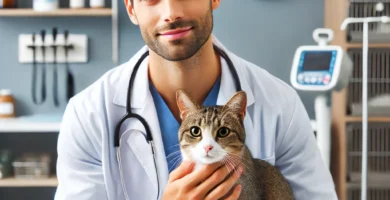 A professional veterinarian examining a calm cat in a modern veterinary clinic in Las Vegas. The veterinarian wears a white coat and has a reassuring
