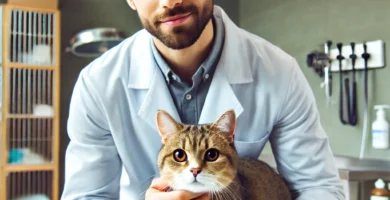 A professional veterinarian examining a calm cat in a modern veterinary clinic in San Francisco. The veterinarian wears a white coat and has a gentle,