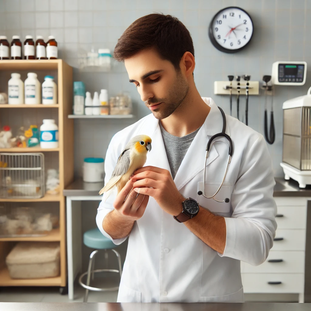 A skilled veterinarian examining a small parrot in a modern veterinary clinic in San Jose. The veterinarian, dressed in a white coat, gently holds the