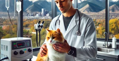 A veterinarian attending to a cat in a clinic with views of the Rocky Mountains in Denver, Colorado. The veterinarian is wearing a white coat and the
