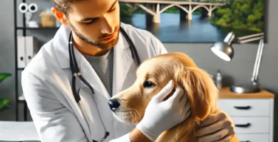 A veterinarian examining a dog in a modern clinic with a Riverside, California city sign in the background. The veterinarian is wearing a white coat a