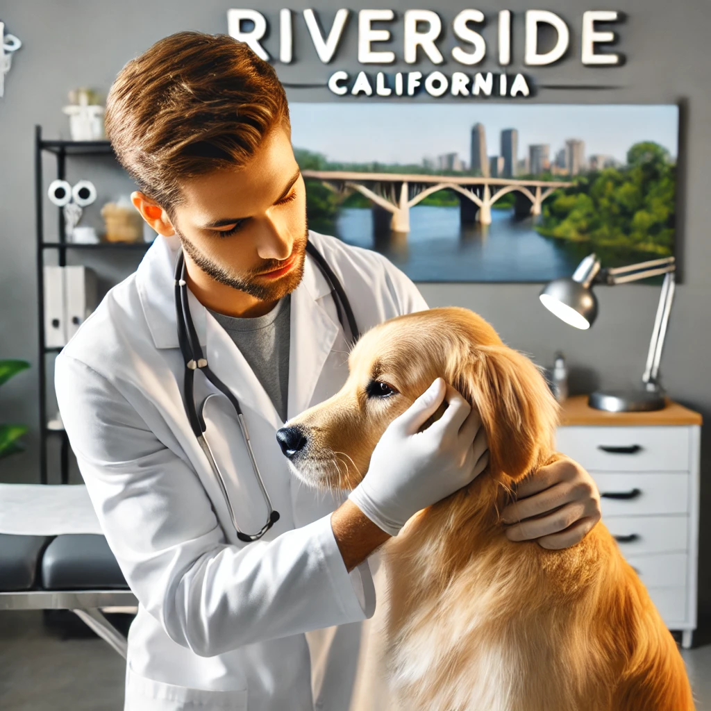 A veterinarian examining a dog in a modern clinic with a Riverside, California city sign in the background. The veterinarian is wearing a white coat a