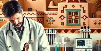 A veterinarian examining a rabbit in a clinic in Albuquerque, New Mexico. The clinic has a southwestern style with elements reflecting the local cultu