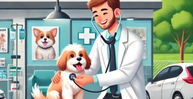 A veterinarian in a modern veterinary clinic in Los Angeles, California, attending to a happy dog. The clinic has a welcoming atmosphere with animal h