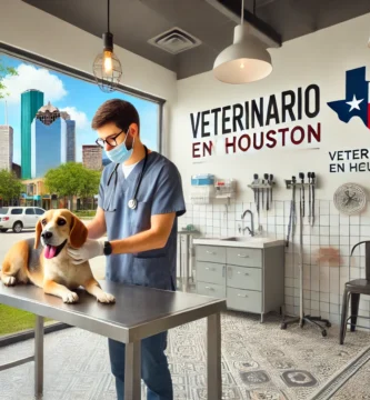 A veterinarian in a well-equipped clinic in Houston, Texas, attending to a dog on a consultation table. The clinic has a professional and welcoming at