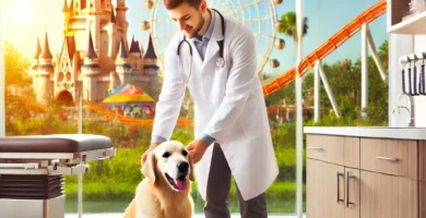 A veterinarian taking care of a dog in a clinic in Orlando, Florida, with sunny weather and theme parks in the background. The veterinarian is wearing