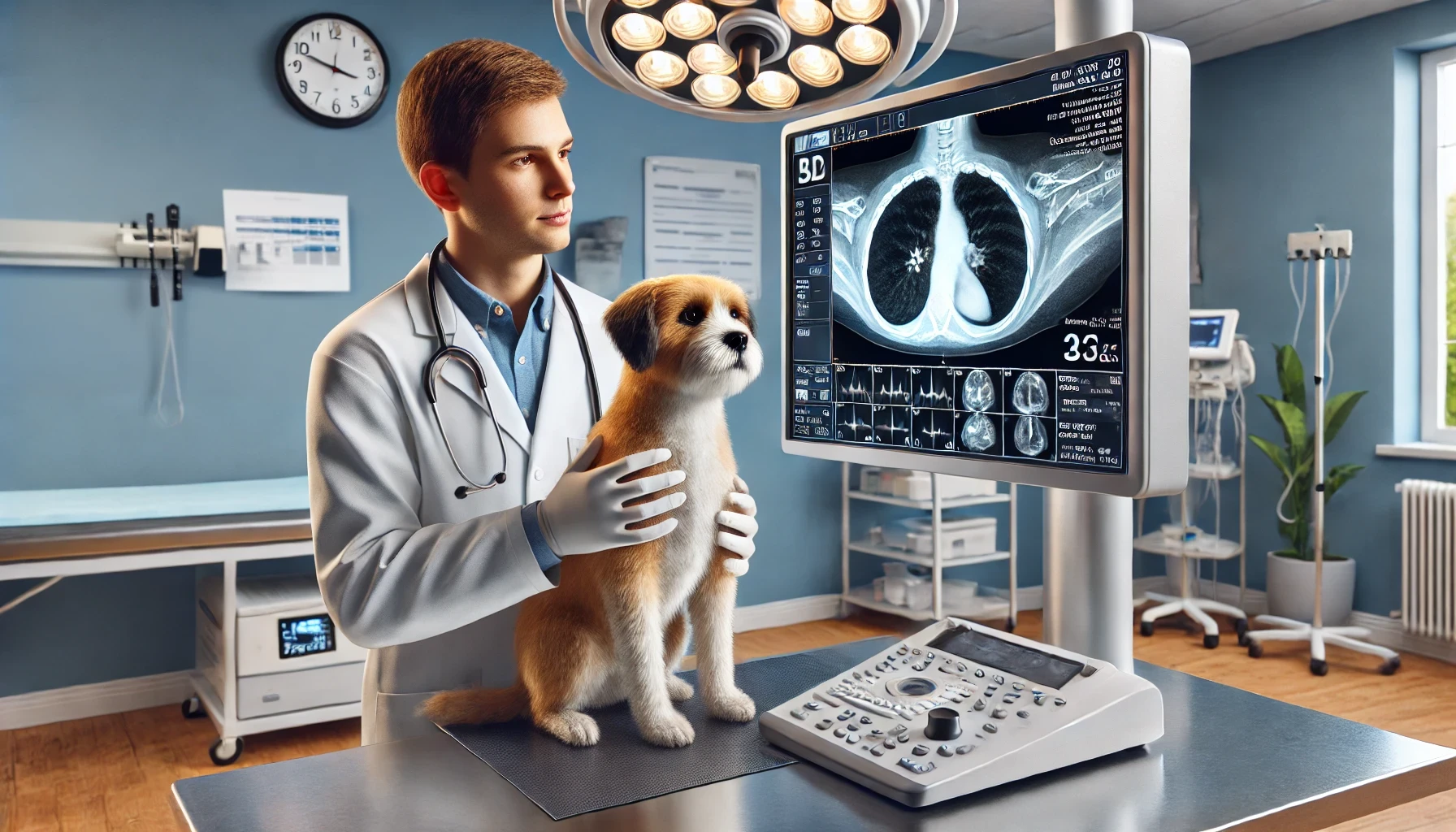 realistic photograph of a veterinary clinic with a pet (dog or cat)